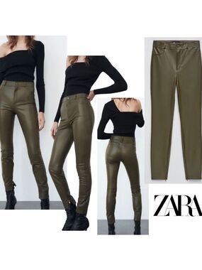 Zara olive khaki green faux leather high-rise leggings Sz XS NWOT pleather vegan